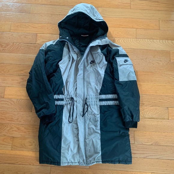 Vintage 90's Nike Long Trench Parka Jacket Coat Mens L Light‎ Brown Black - Picture 1 of 11